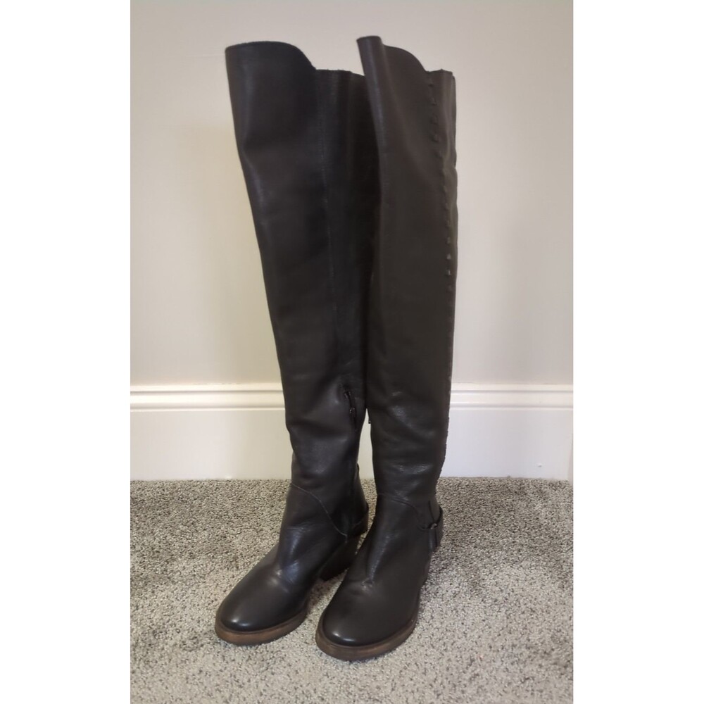 Free People Auburn Black Leather Over the Knee Boot Whipstitch Goth Western 5.5